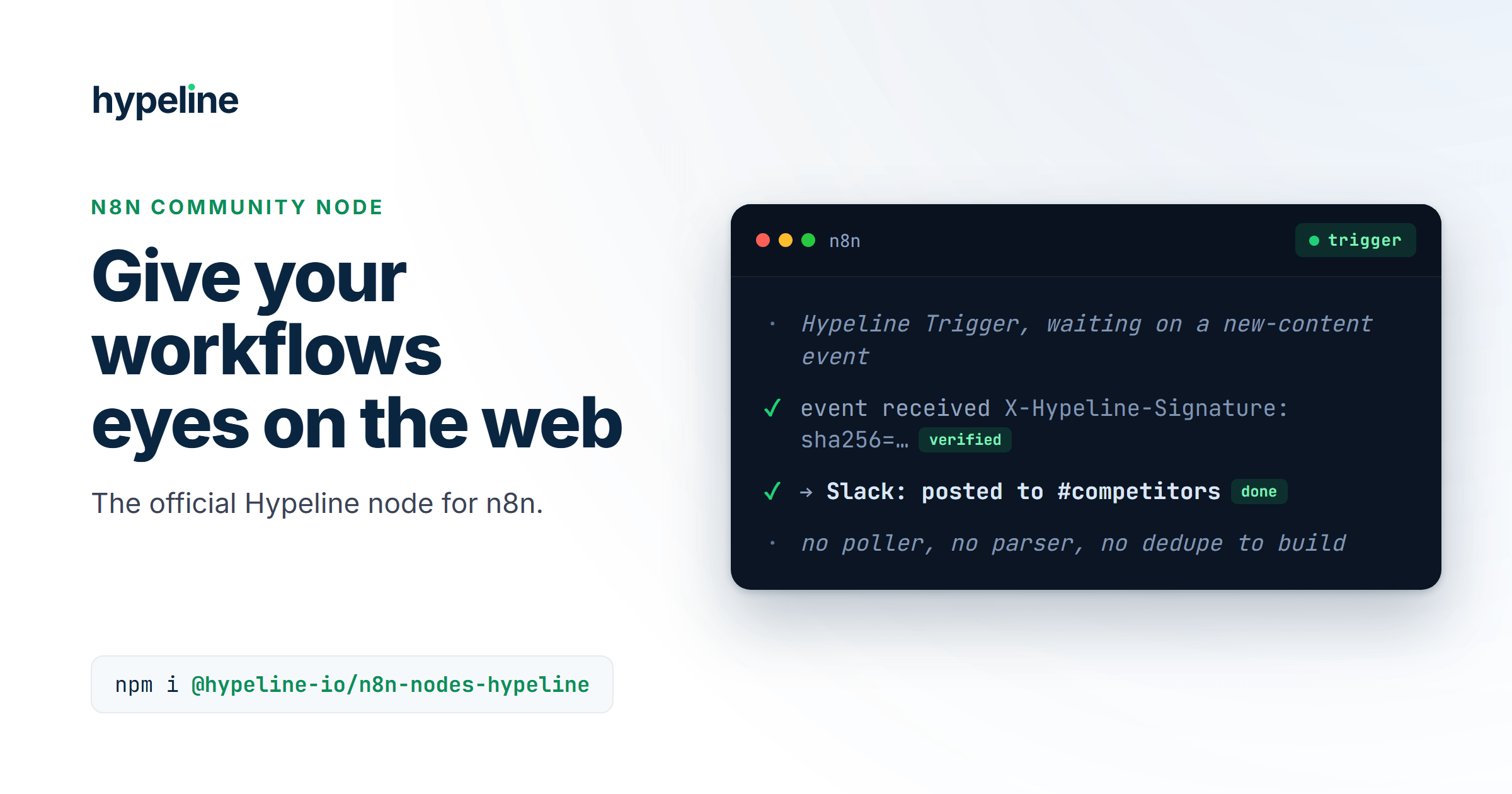 The Hypeline n8n community node: an n8n trigger receiving a signed Hypeline event and posting it to Slack
